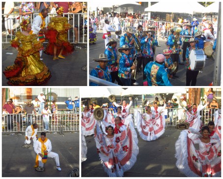 Cumbia dancers and a cumbia band in one of the Carnaval parades.